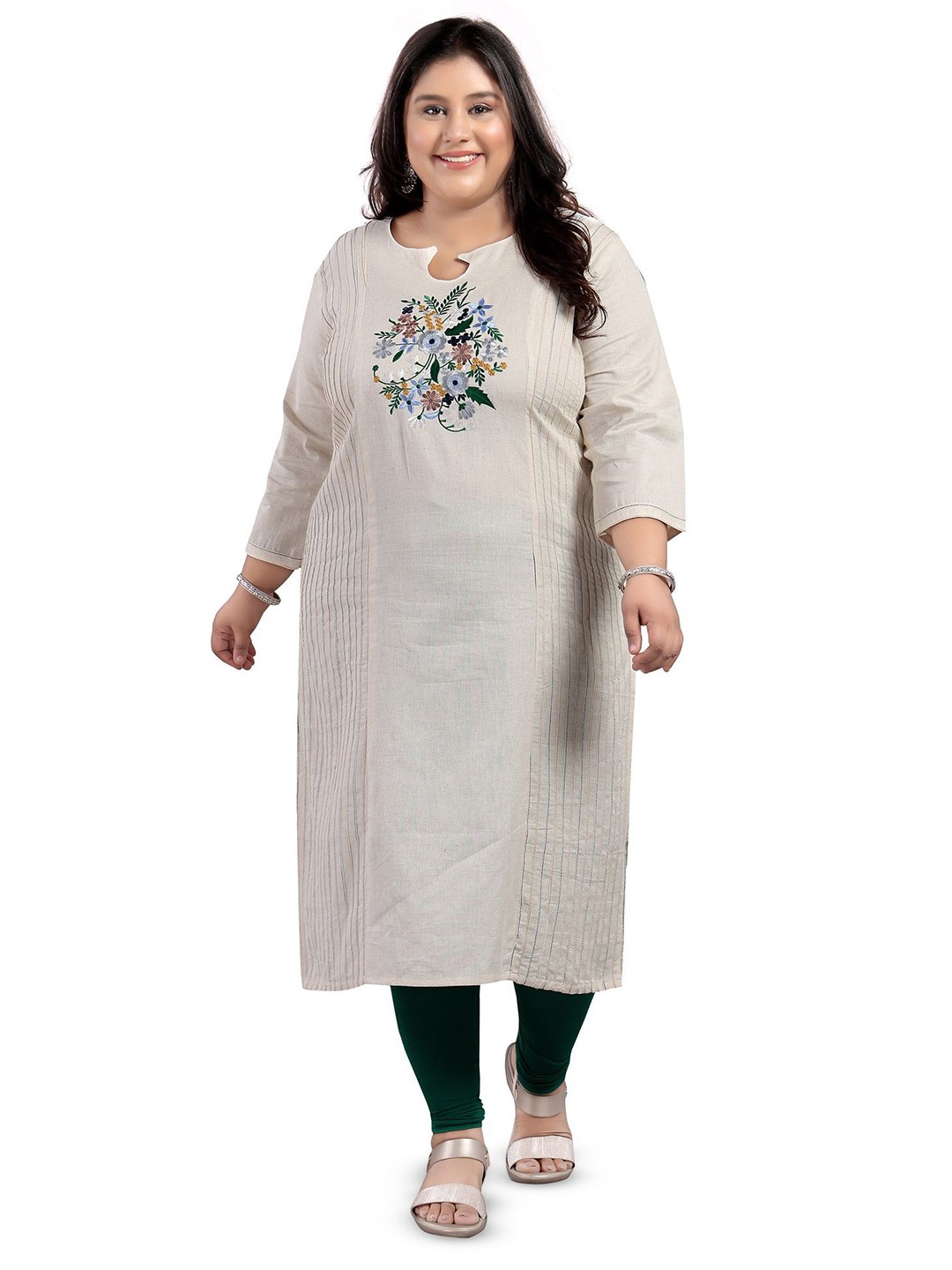

DREAM & DZIRE Plus Size Floral Embroidered Cotton Kurta, Beige