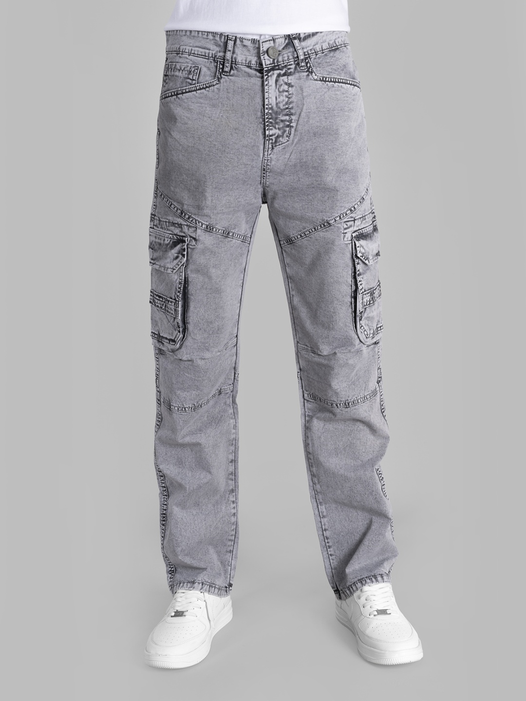 

PEPLOS Men Faded Comfort Straight Fit Cargos Trousers, Grey