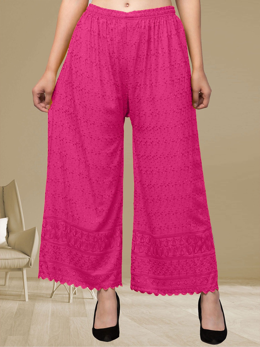 

FAMBEE Women Floral Embroidered Flared Knitted Palazzos, Pink