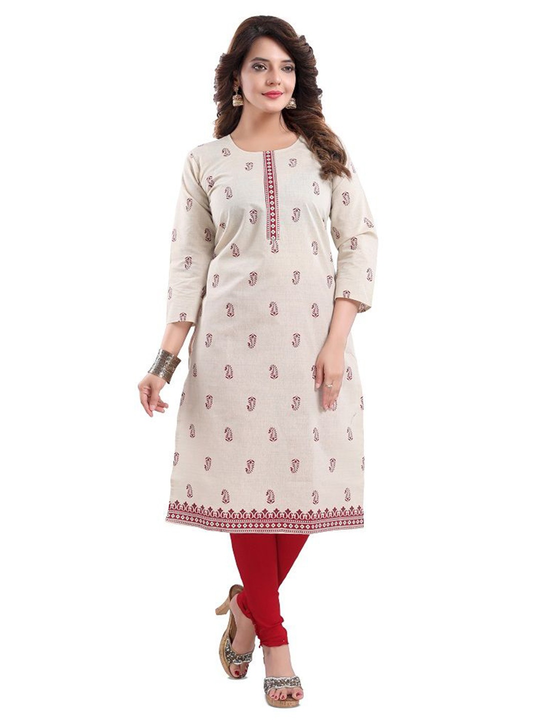 

DREAM & DZIRE Ethnic Motifs Printed Cotton Straight Kurta, Beige