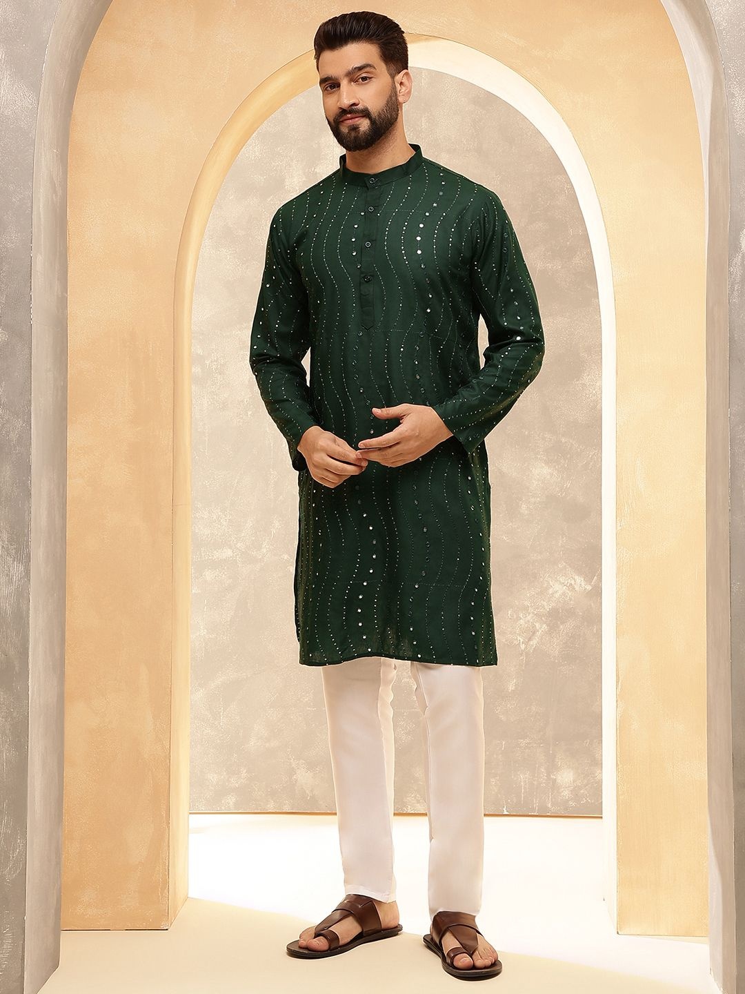

Anouk Green Embellished Mandarin Collar Pure Cotton Kurta With Pyjama