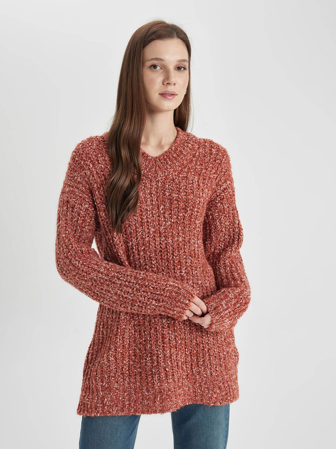

DeFacto Women Ribbed V-Neck Pull-Over Sweater, Rust