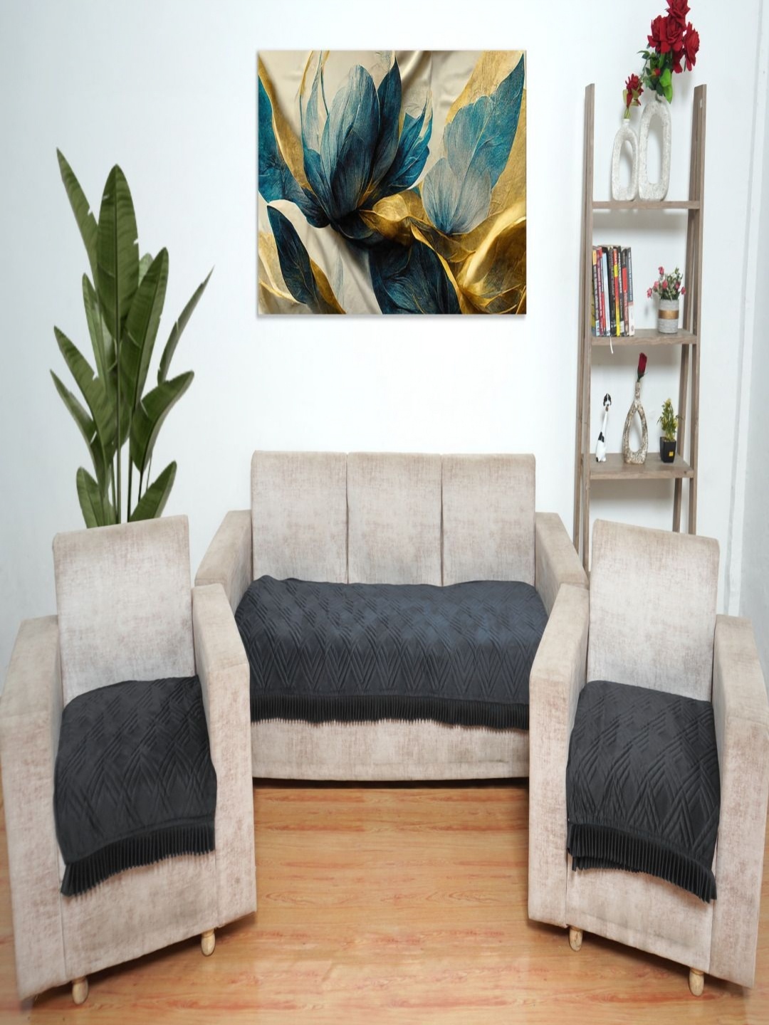 

Fashion Throw Grey 3 Pieces Velvet Sofa Cover