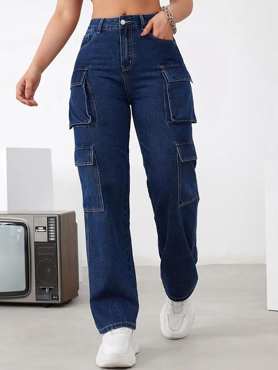 

DressBerry Women Comfort Wide Leg High-Rise Light Fade Acid Wash Stretchable Jeans, Navy blue