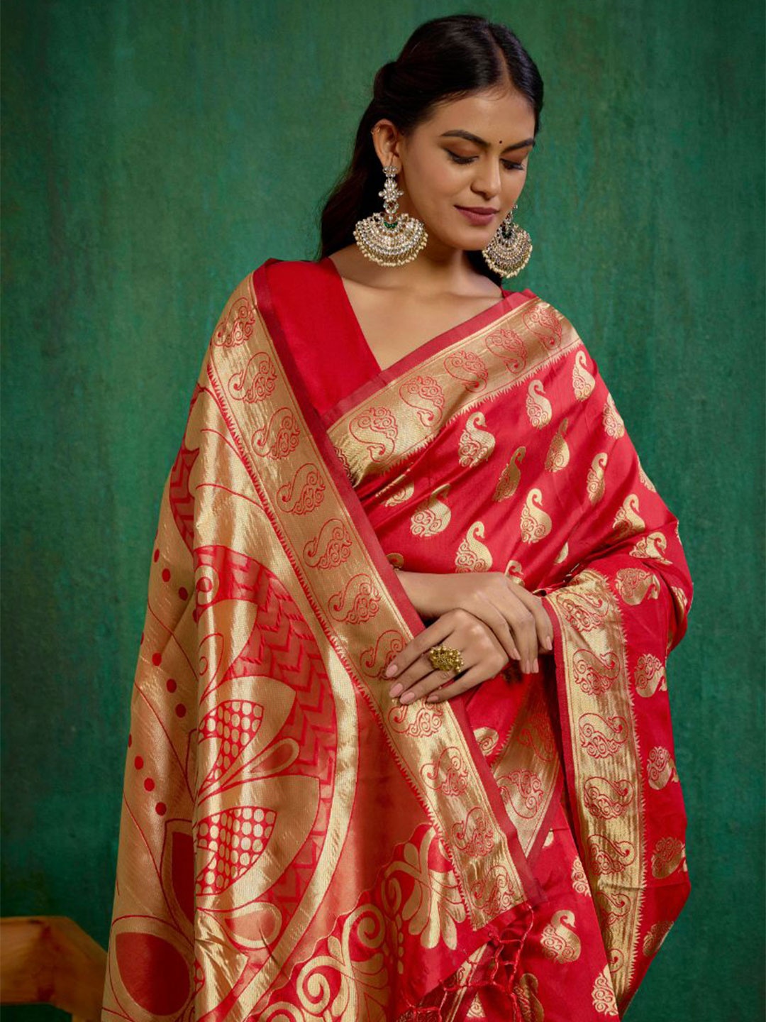 

Sangria Banarasi Woven Saree with Blouse, Red