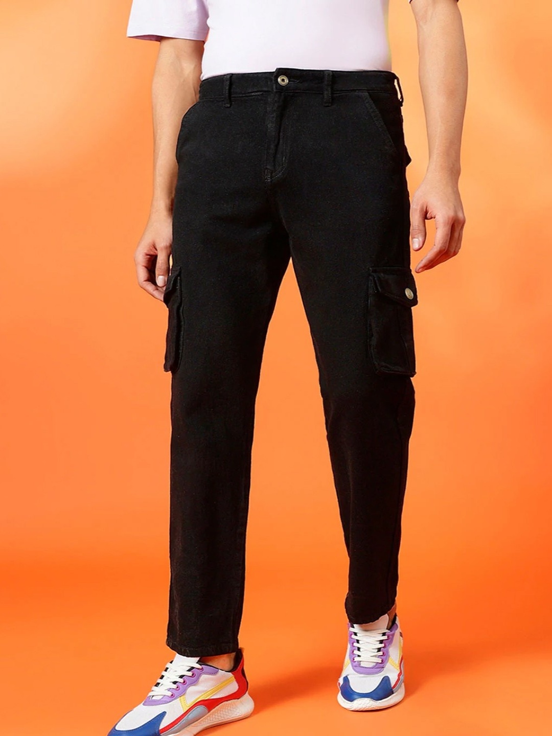 

MASTERLY WEFT Men Super Relaxed Fit Clean Look Stretchable Cropped Jeans, Black