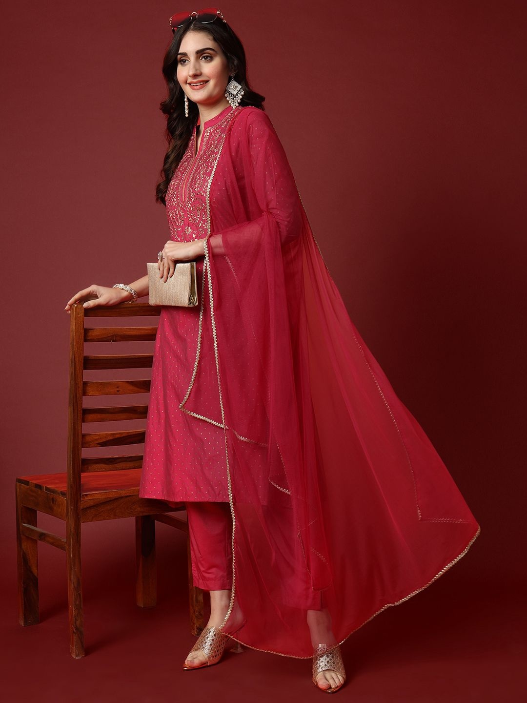 

Aspriya Polka Dots Printed Thread Work Chanderi Silk Kurta With Trousers & Dupatta, Fuchsia