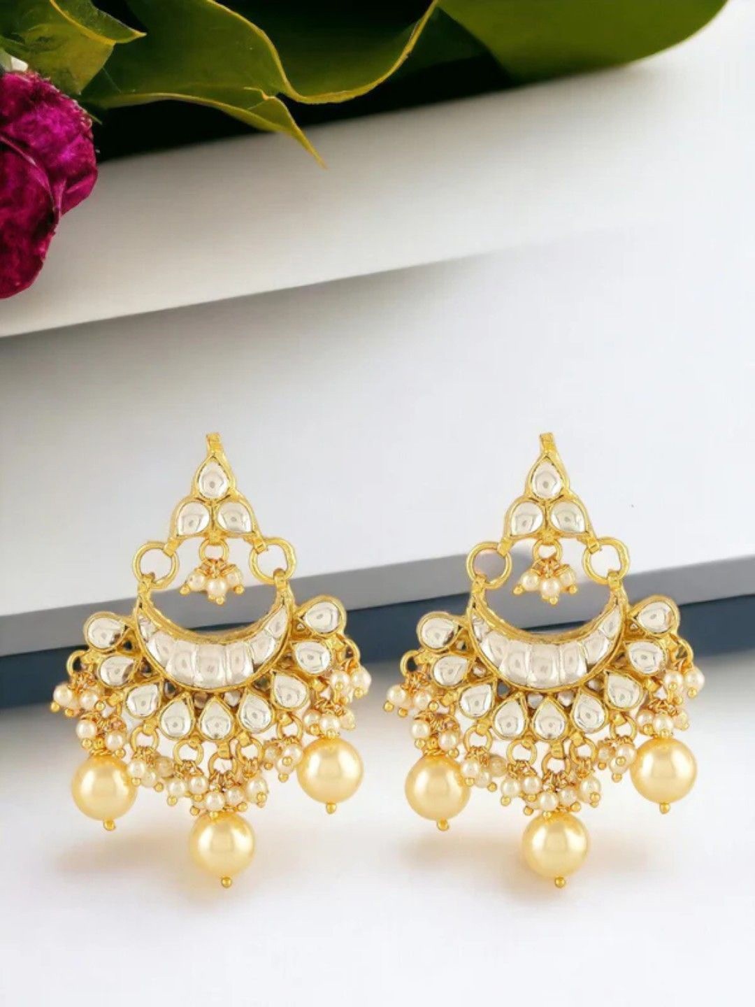 

House of Pataudi Kundan Studded And Beaded Contemporary Shaped Drop Earrings, Gold