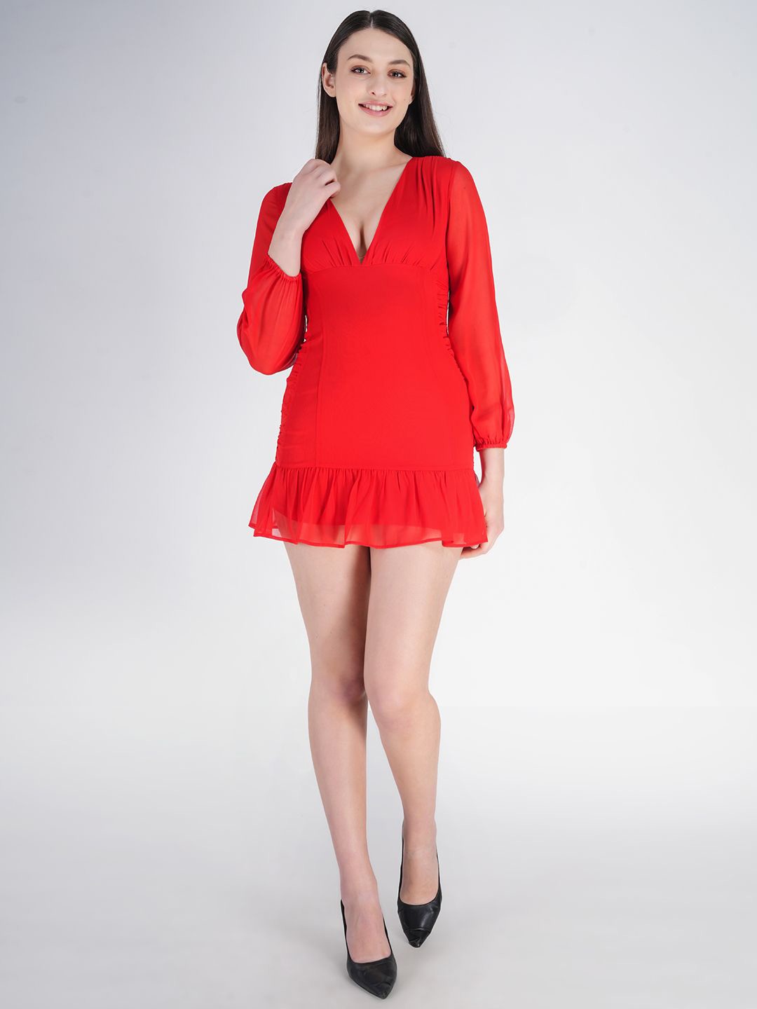 

BERIAMO Georgette Drop-Waist Mini Dress, Red