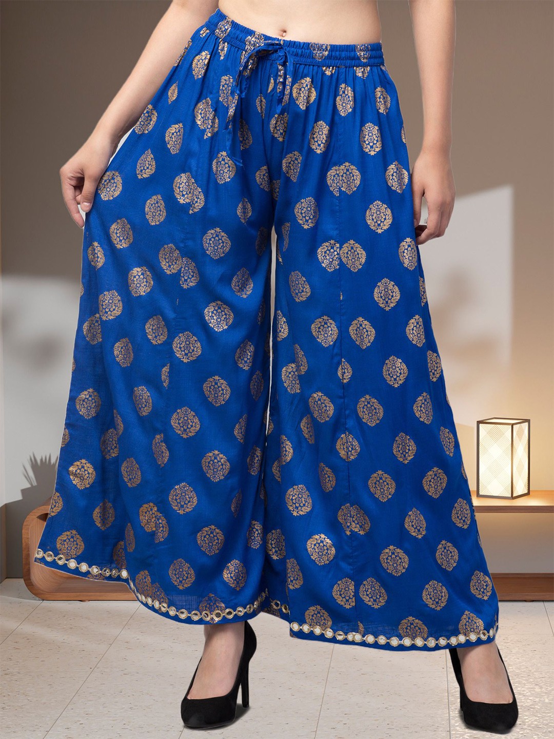 

FAMBEE Women Ethnic Motifs Printed Flared Knitted Palazzos, Blue