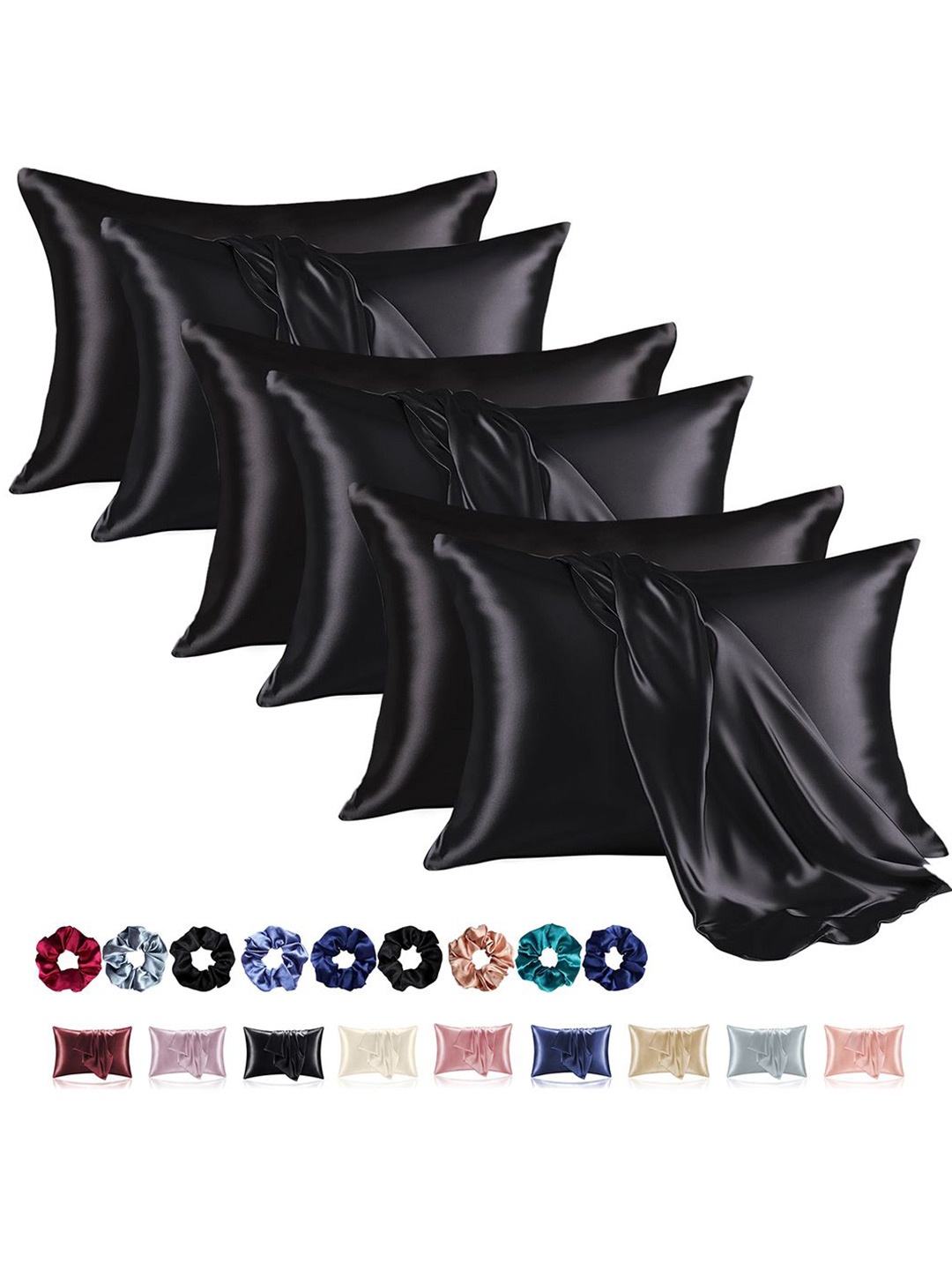 

Kuber Industries Black 6 Pieces Rectangle Soft Satin Pillow Covers & Scrunchies