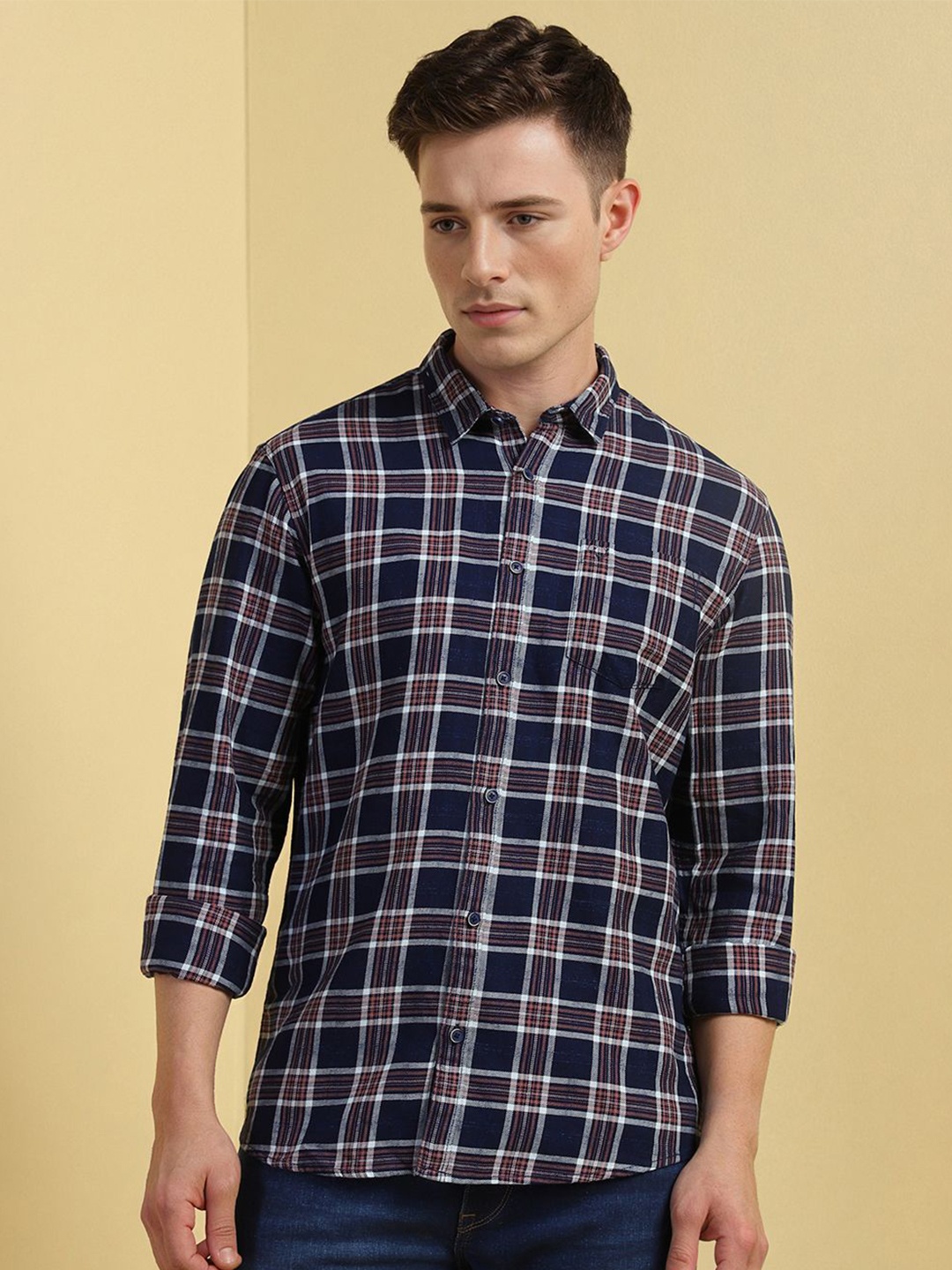 

Allen Solly Men Custom Fit Spread Collar Checked Cotton Casual Shirt, Navy blue