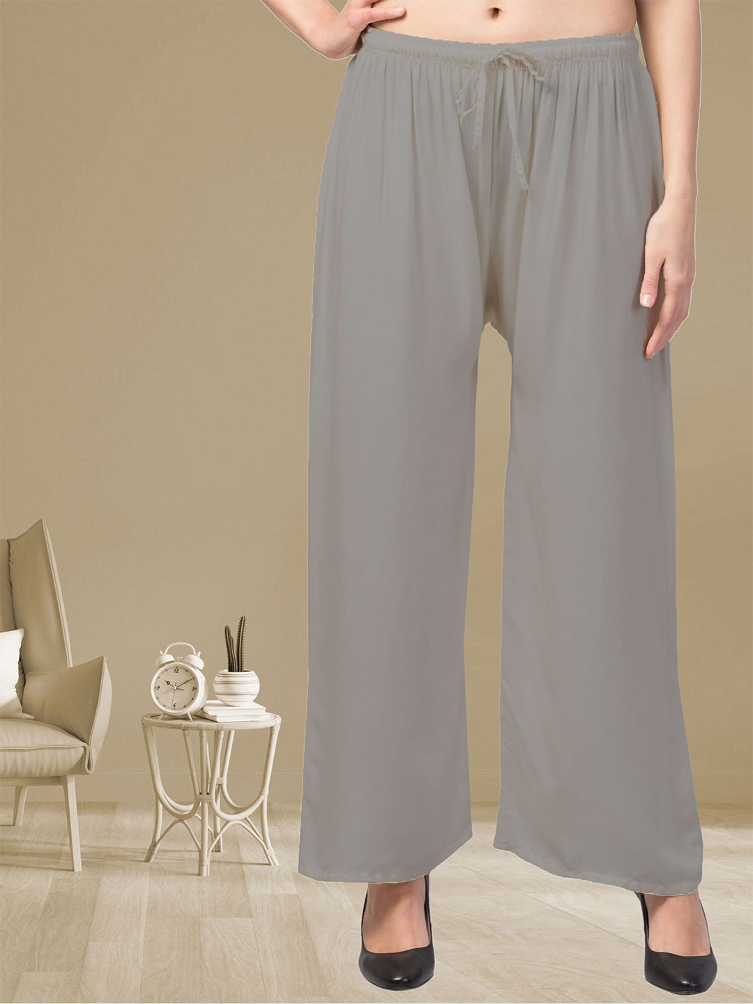 

FAMBEE Women Flared Knitted Palazzos, Grey