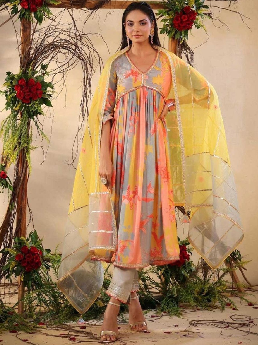 

Moda Rapido Floral Embroidered V-Neck Empire Anarkali Kurta With Trouser & Dupatta, Yellow