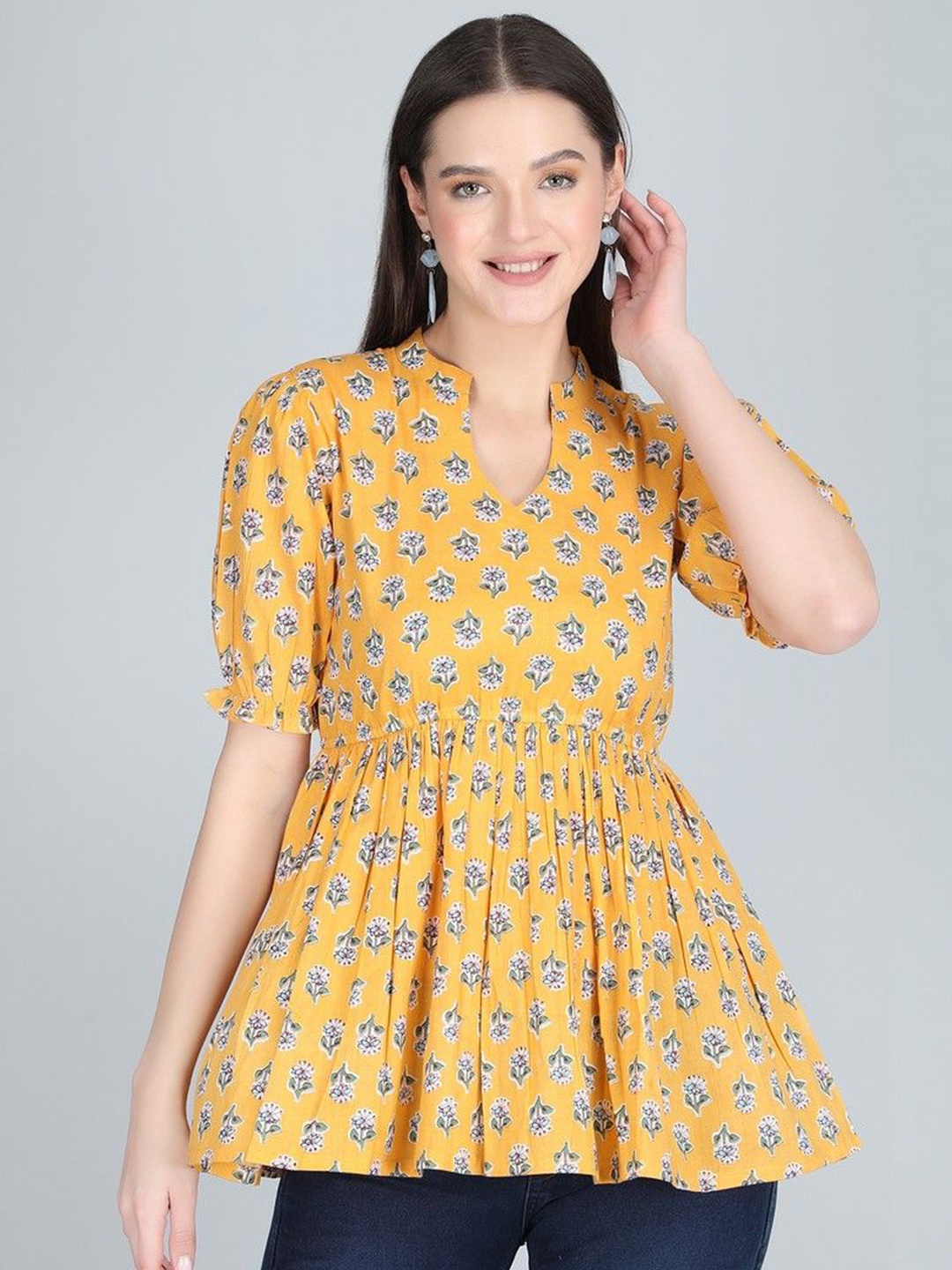 

ANANDITA Floral Printed Puff Sleeve Cotton Top, Yellow