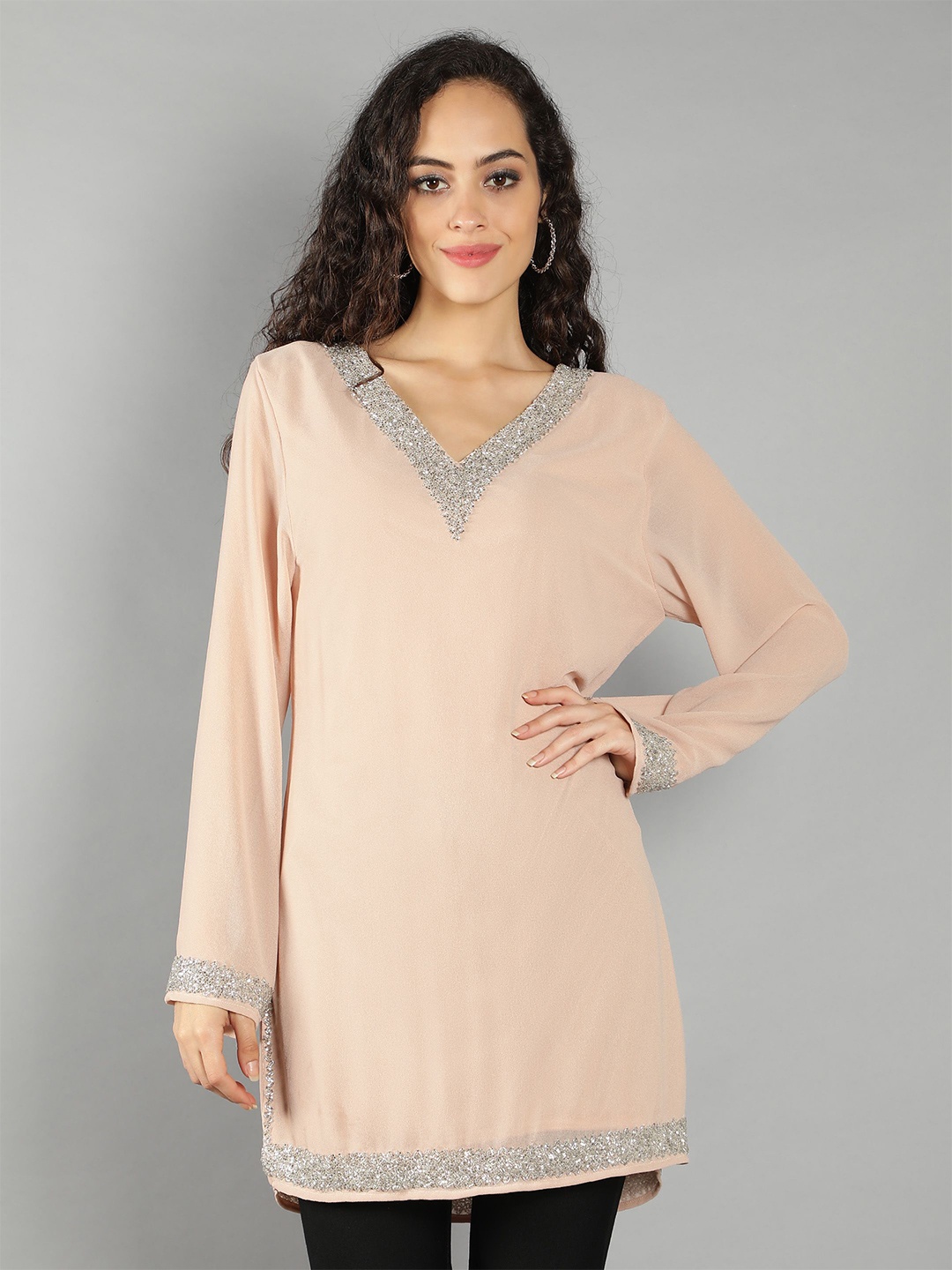 

DEBONATELLA Women Embellished V-Neck Pure Georgette Kurti, Pink