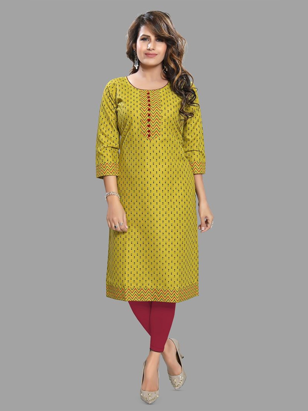 

DREAM & DZIRE Printed Round Neck Ethnic Straight Kurta, Green