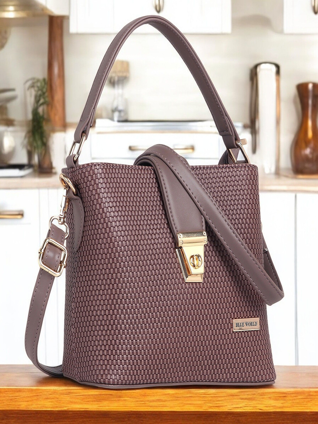 

BLUE WORLD Checked PU Sling Bag, Khaki