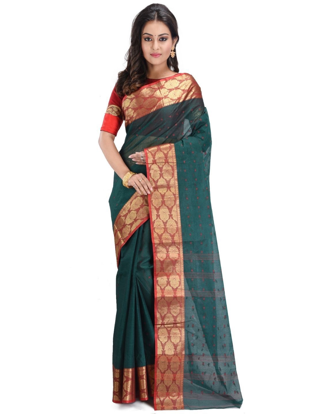 

RAJ SAREE HOUSE Woven Design Zari Pure Cotton Jamdani Saree, Green