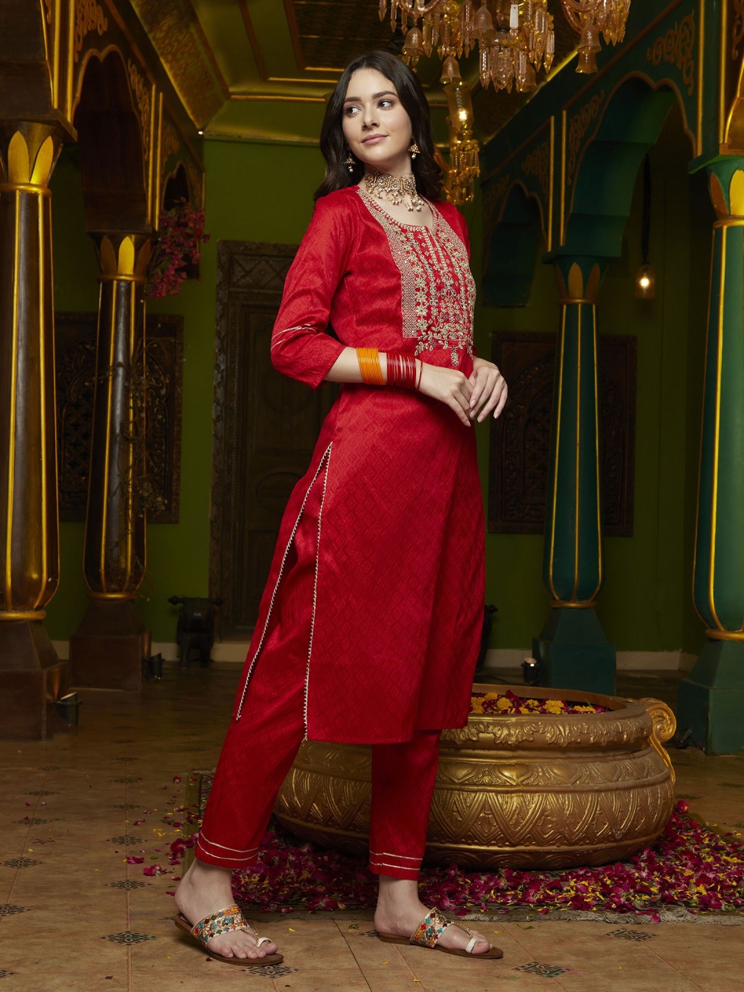 

Sangria Red Floral Yoke Design Zari Straight Kurta With Trouser & Dupatta