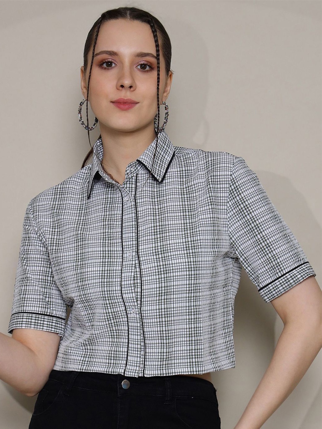 

DressBerry Women Classic Boxy Fit Spread Collar Micro Checked Casual Shirt, Blue