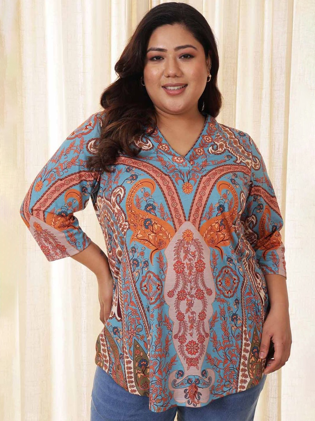 

Amydus Women Plus Size Multicolor Top, Blue