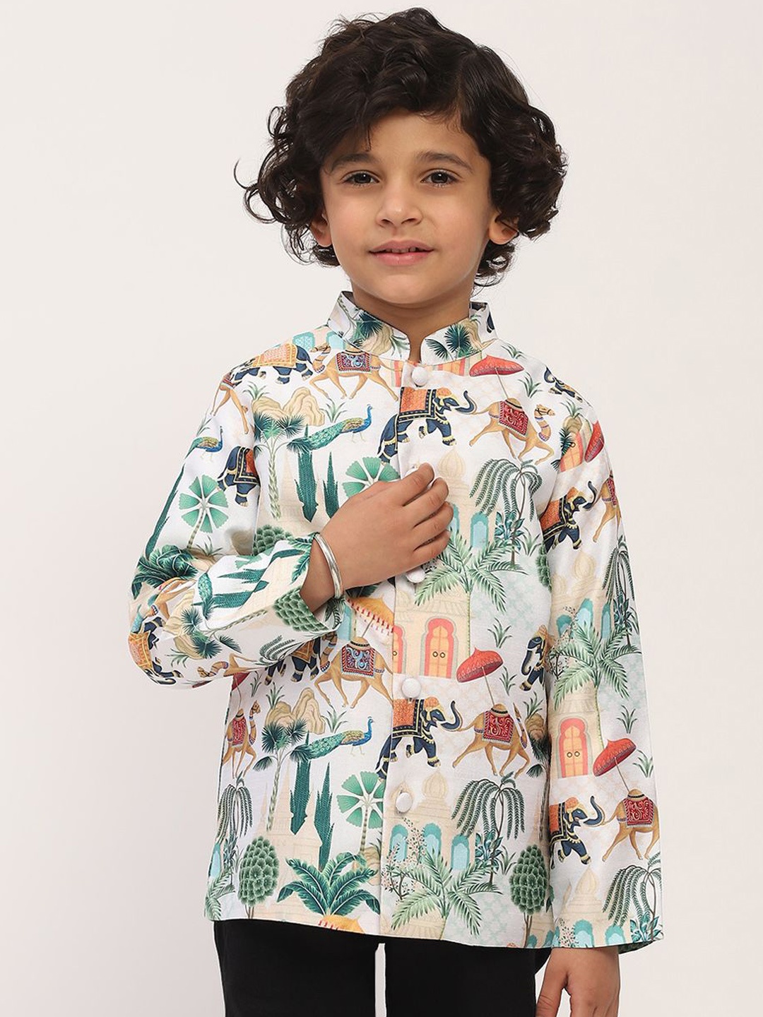 

SPUNKIES Boys Mandarin Collar Abstract Printed Cotton Casual Tailored Jacket, White