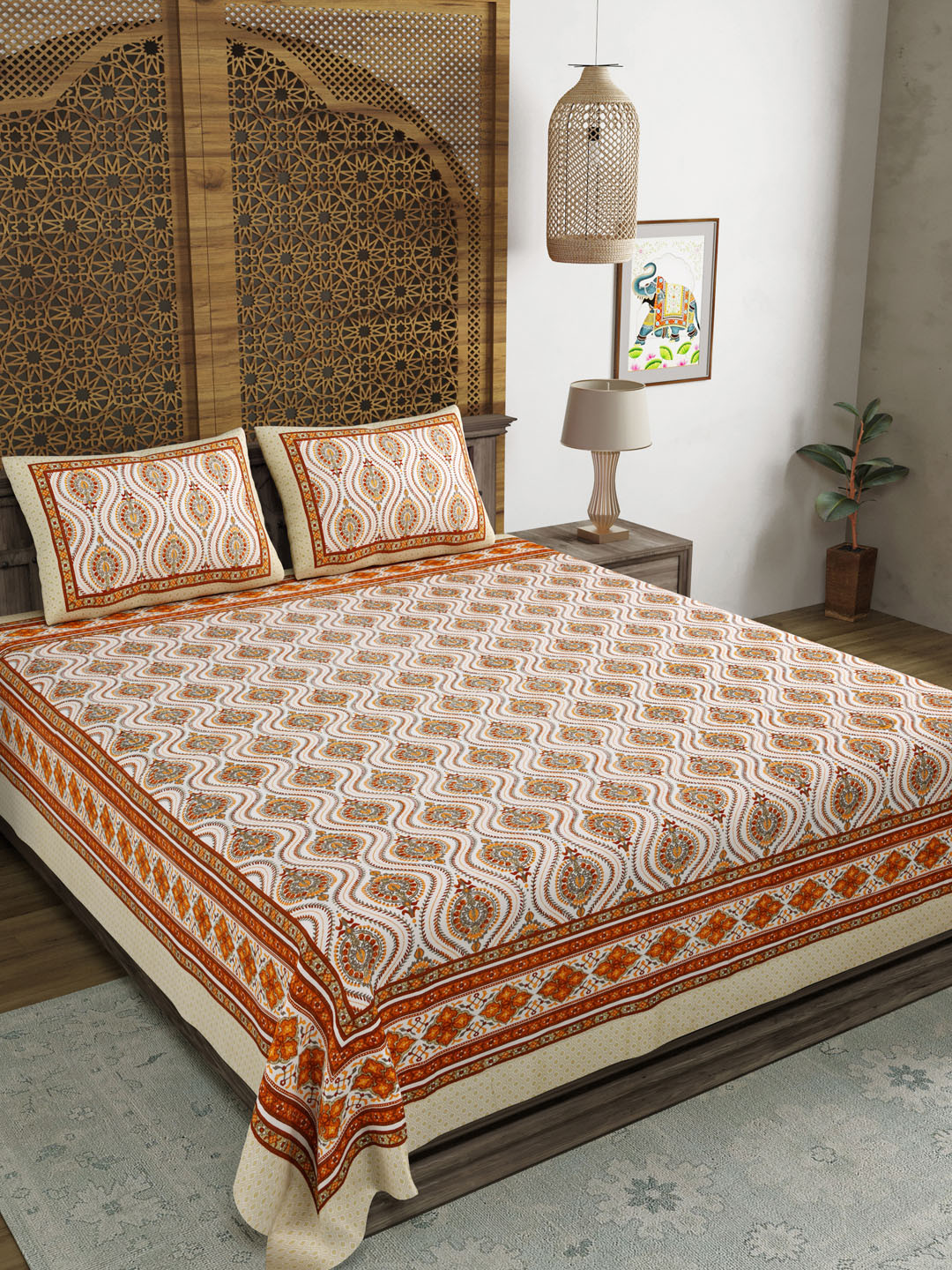 

Myntra Elegant Homes Cream Ethnic Motifs Printed 120 TC King Bedsheet Set 2.18 m X 2.64 m