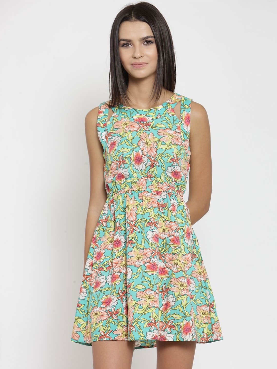 

Moda Rapido Floral Printed Cut-Outs Fit & Flare Dress, Green