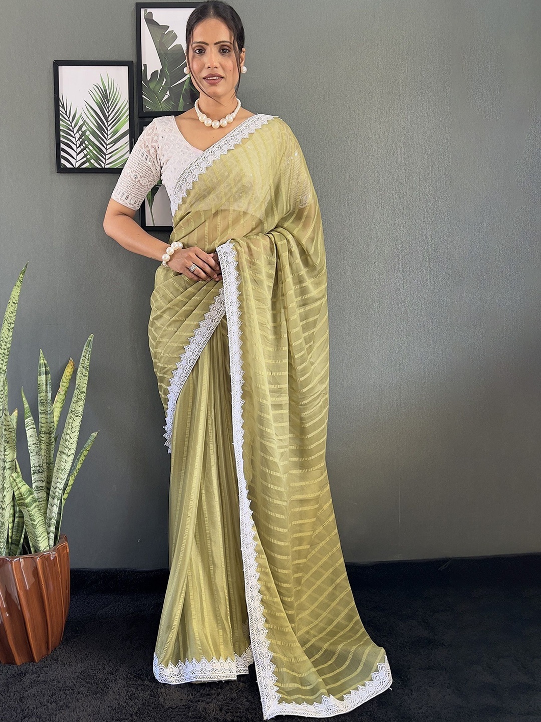 

A TO Z CART Striped Pure Chiffon Saree, Lime green
