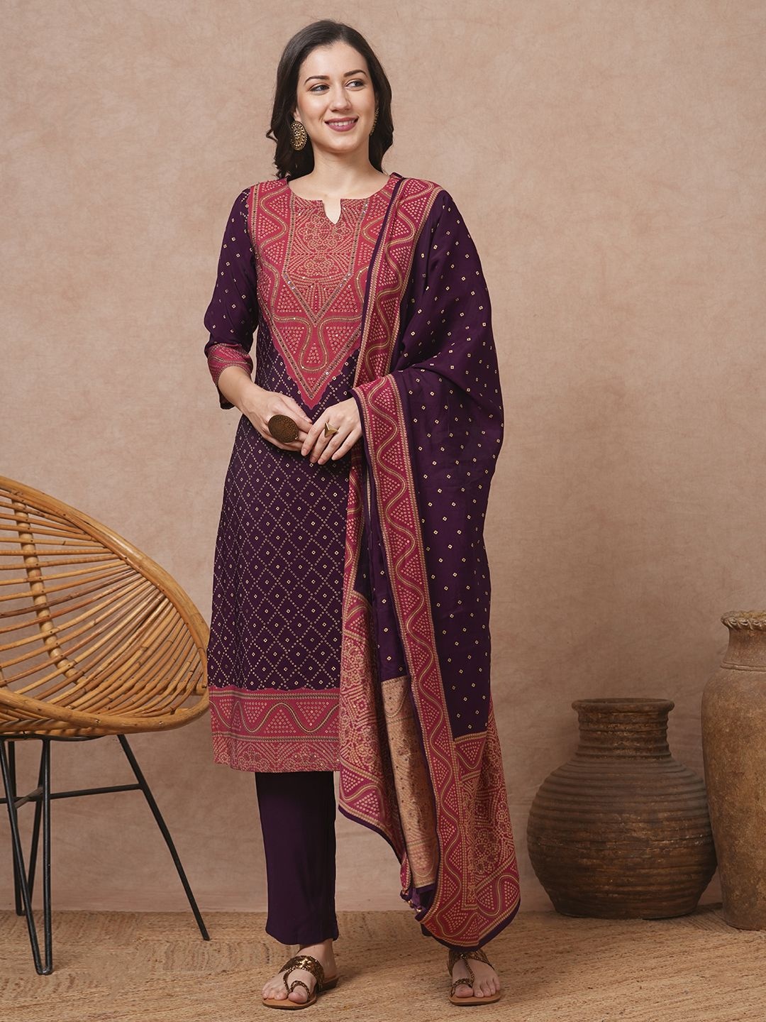 

FASHOR Bandhani Sequinned Notch Neck Straight Kurta With Trousers And Dupatta, Purple