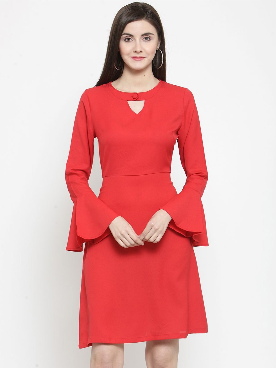 

Moda Rapido Women Keyhole Neck Bell Sleeve A-Line Dress, Red