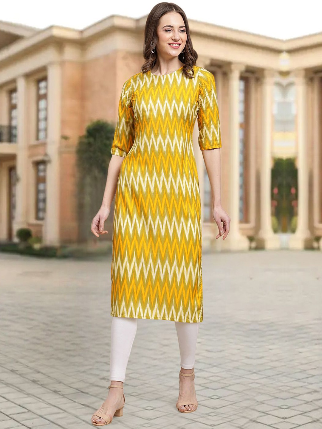 

7Threads Chevron Printed Round Neck Straight Kurta, Yellow