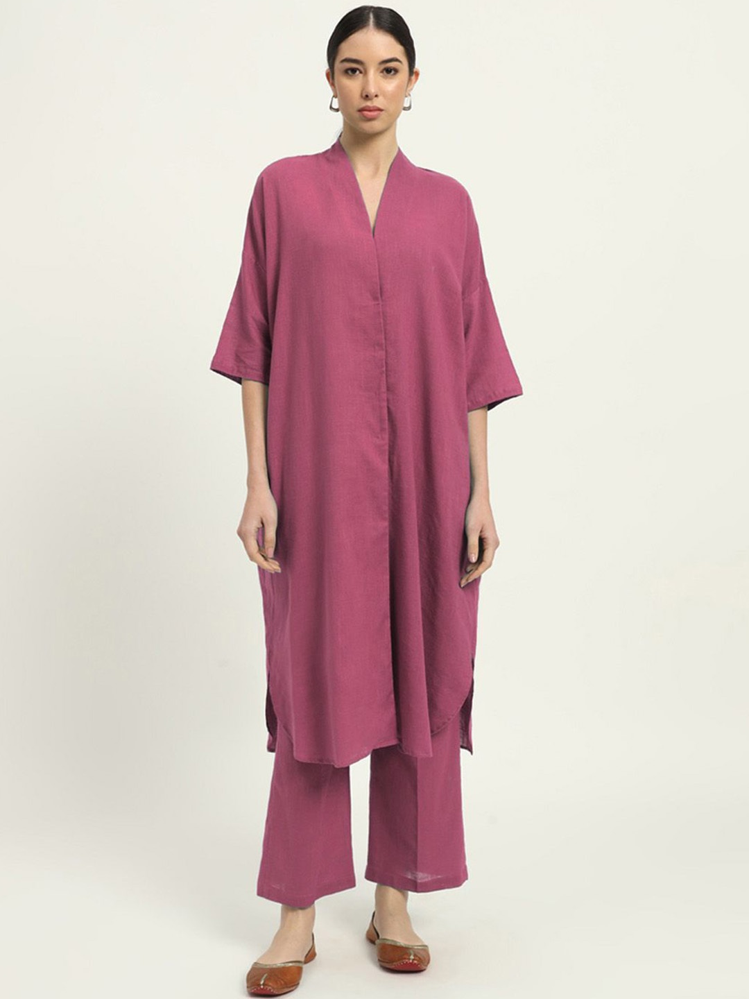 

Thevasa V-Neck Pure Cotton Straight Tunic With Trouser, Pink