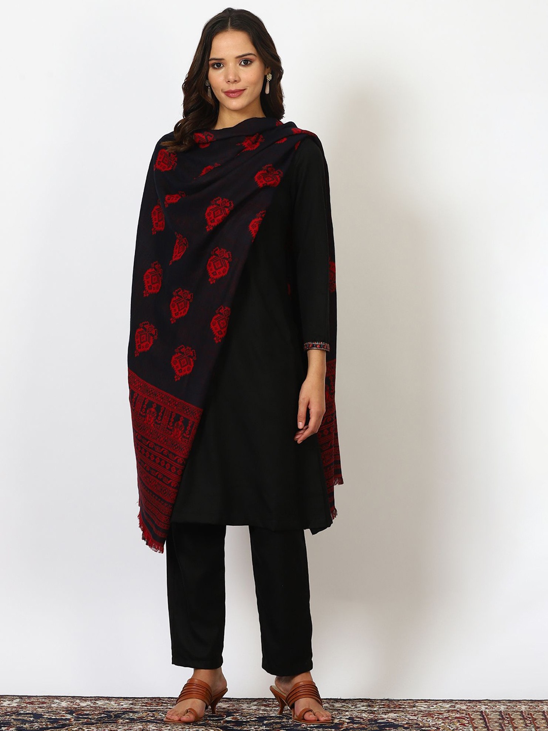 

W Ethnic Motifs Printed Cotton Woollen Shawl, Blue