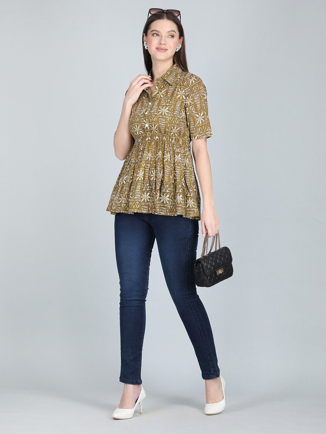 

ANANDITA Women Floral Printed Cotton Peplum Top, Olive