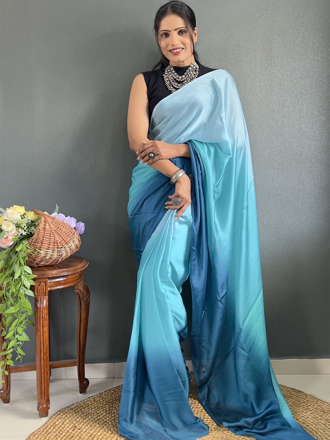 

ZIBLON Ombre Dyed Ready to Wear Saree, Blue