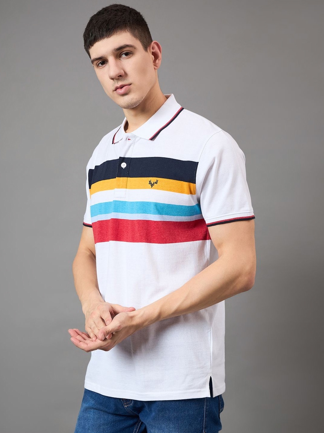 

BRONATION Men Striped Polo Collar Cotton T-shirt, White