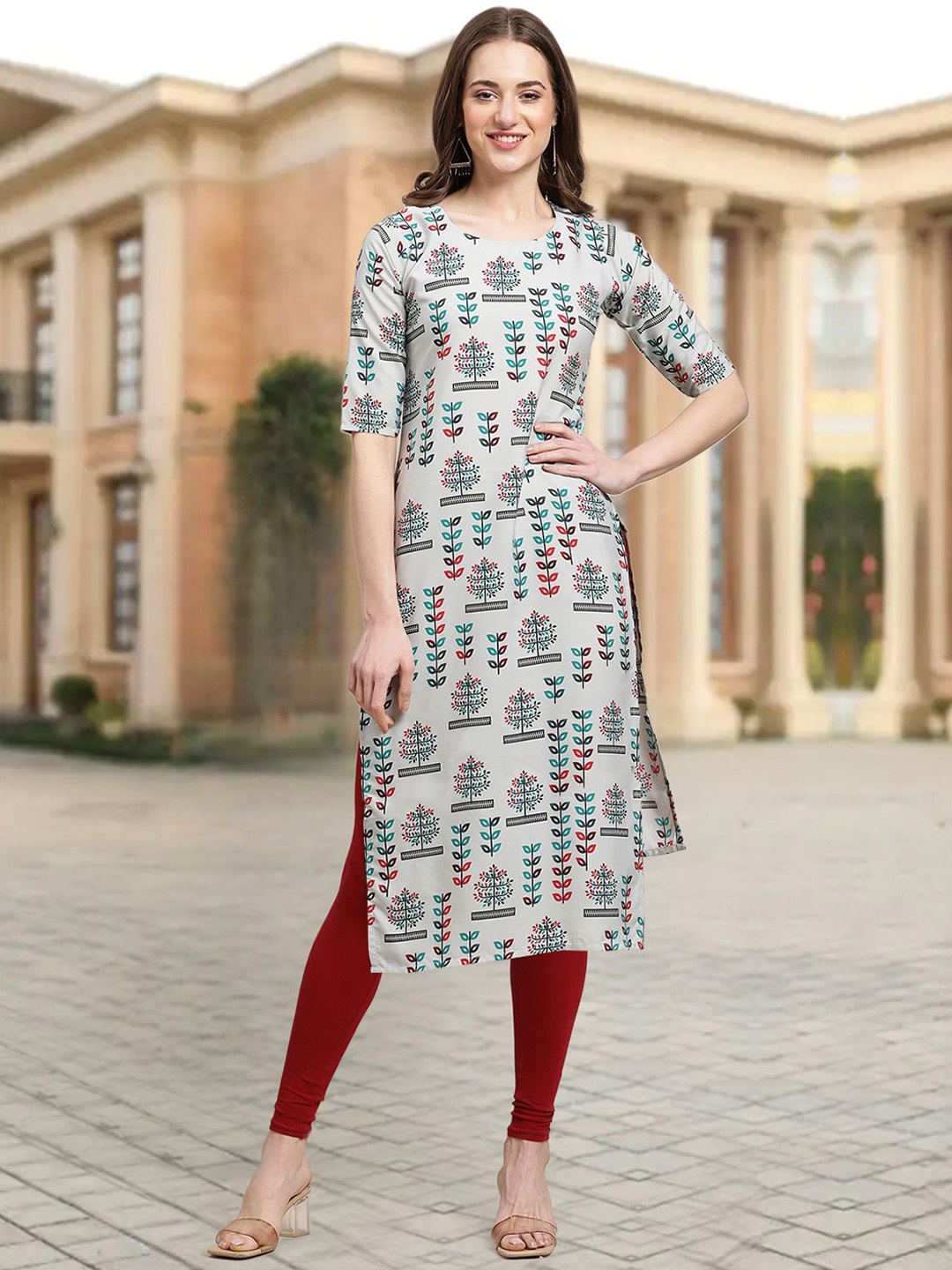 

7Threads Floral Printed Round Neck Straight Kurta, Grey