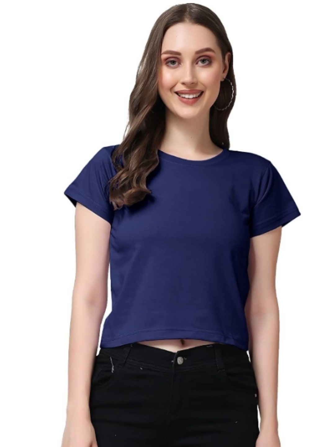 

NOTWILD Women Solid Round Neck Cotton Boxy T-shirt, Navy blue