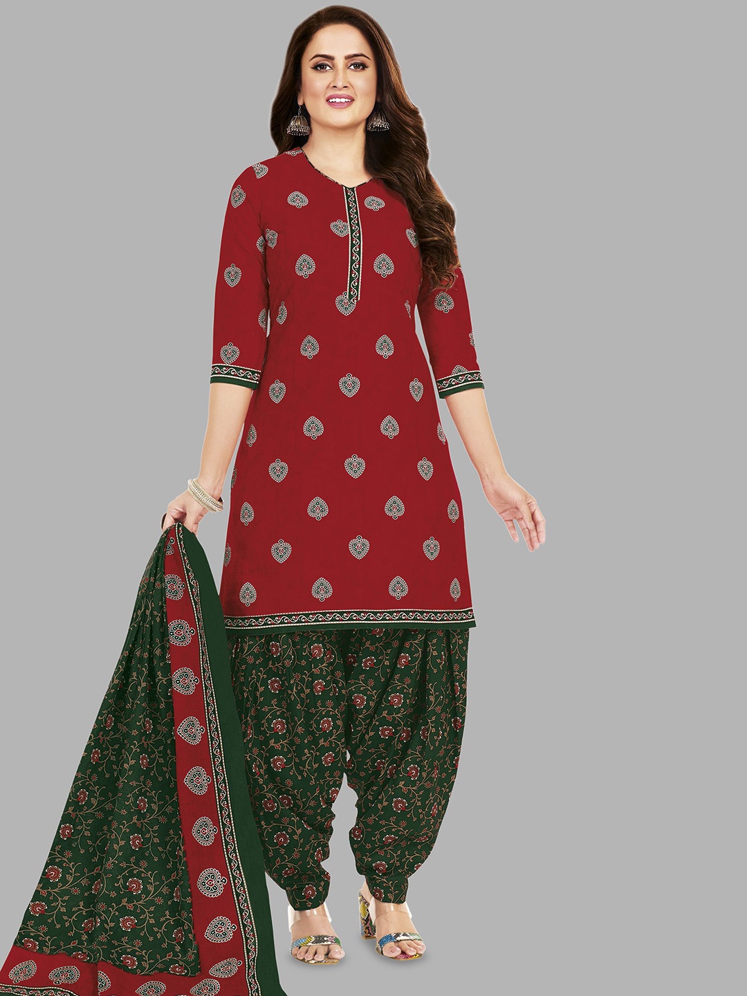 

shree jeenmata collection Printed Pure Cotton Unstitched Dress Material, Red