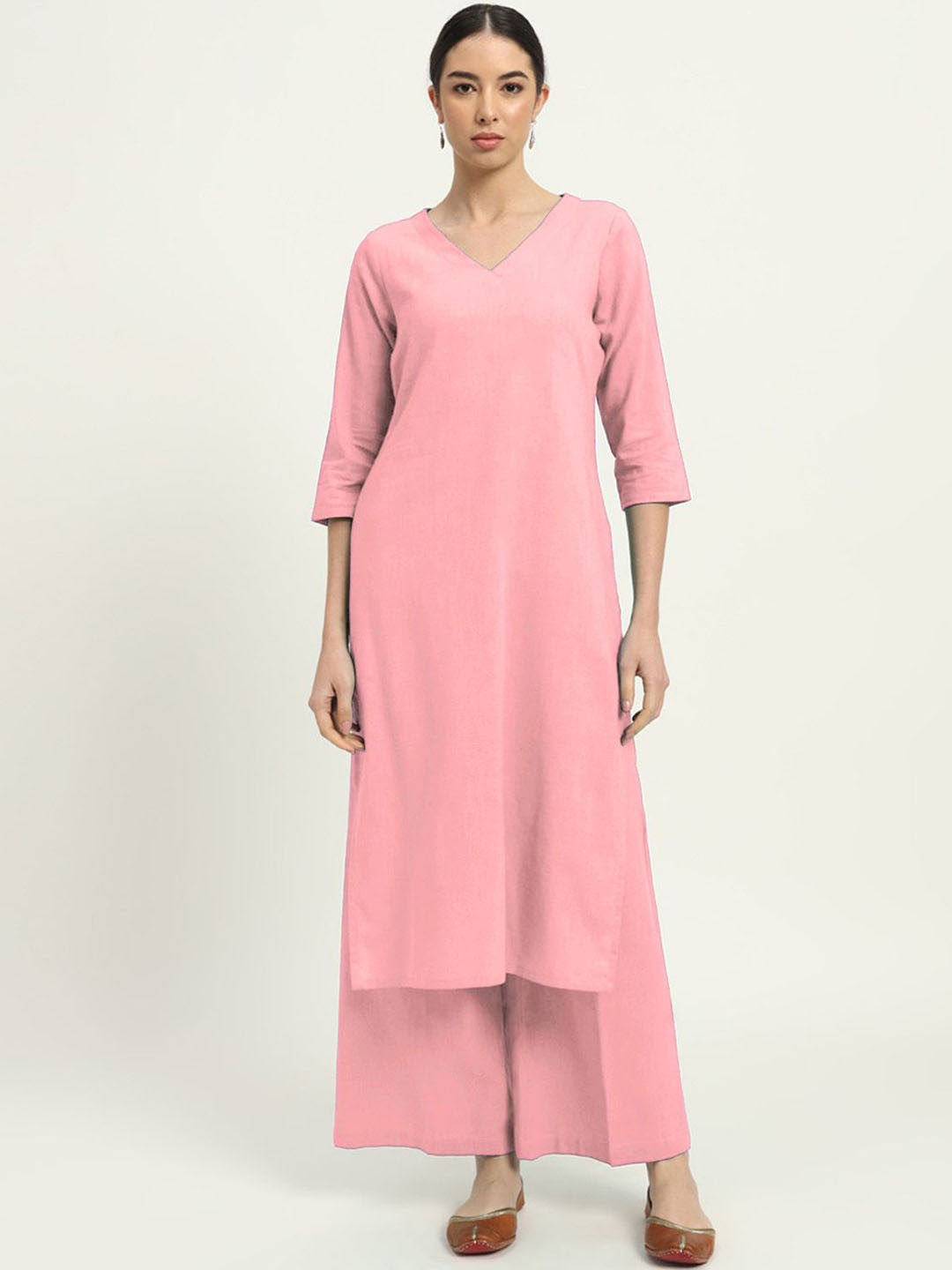 

Thevasa Verve and Versality V-Neck Pure Cotton Tunic With Palazzo, Pink