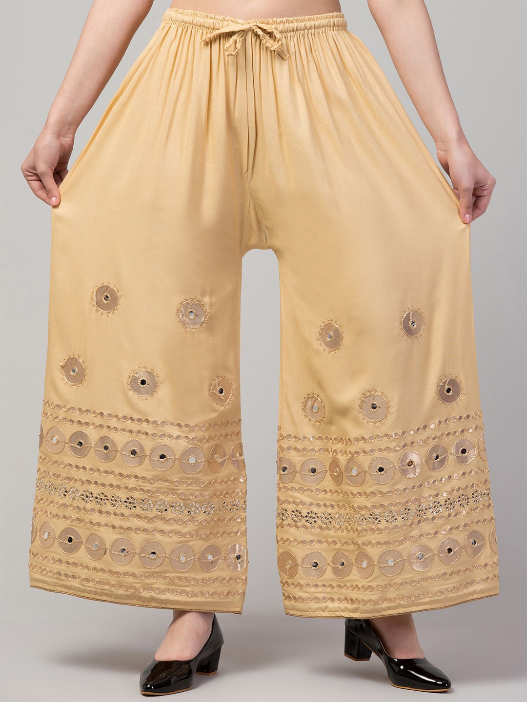 

FAMBEE Women Ethnic Motifs Embroidered Flared Knitted Palazzos, Beige