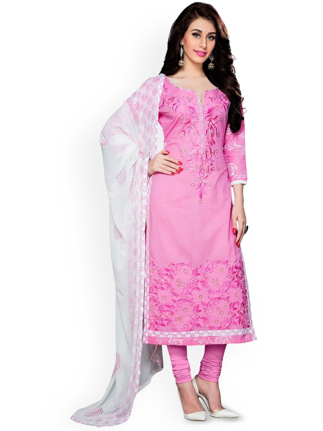 

HERE&NOW Floral Embroidered Cambric Cotton Unstitched Dress Material, Pink