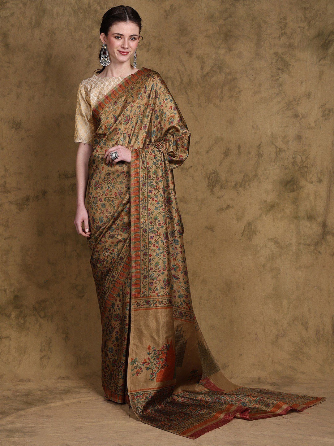 

Exotic India Floral Printed Art Silk Saree, Brown