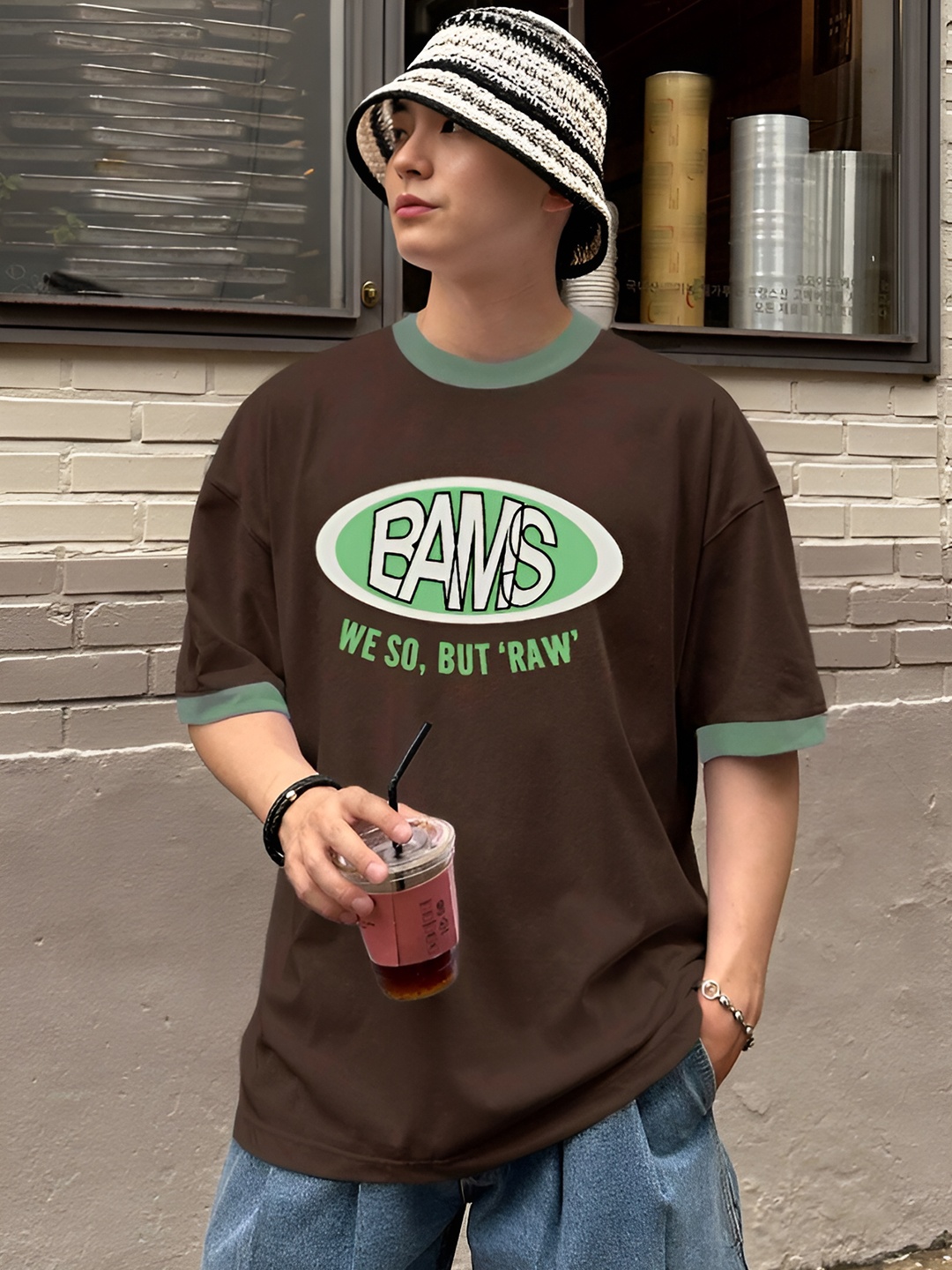 

madfrog Men Typography Printed Round Neck Cotton Oversized T-shirt, Brown