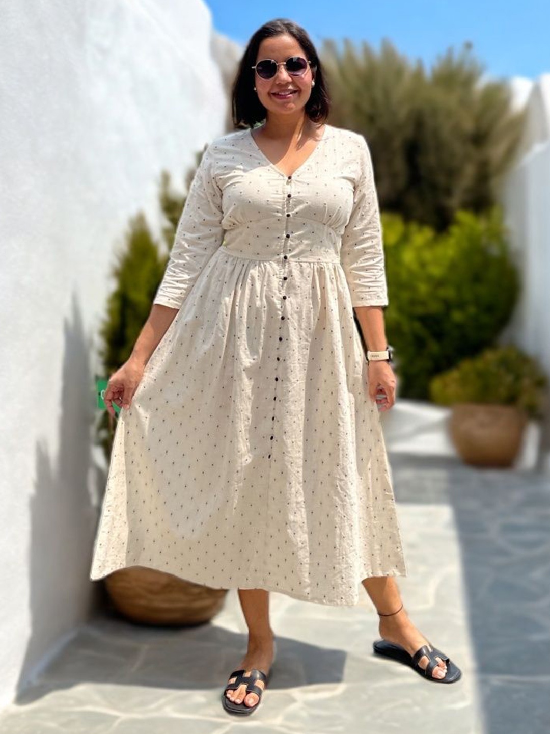 

Label Tanvee Polka Dots Printed V-Neck Fit & Flare Midi Dress, Off white