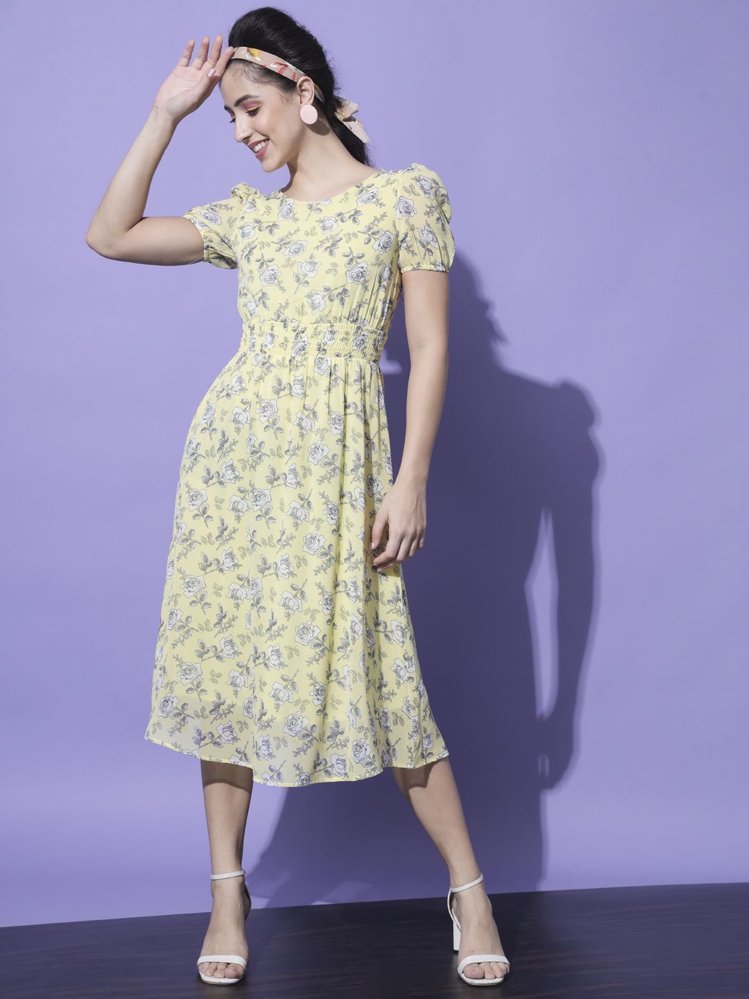 

Moda Rapido Floral Print Puff Sleeve Georgette Fit & Flare Midi Dress, Yellow