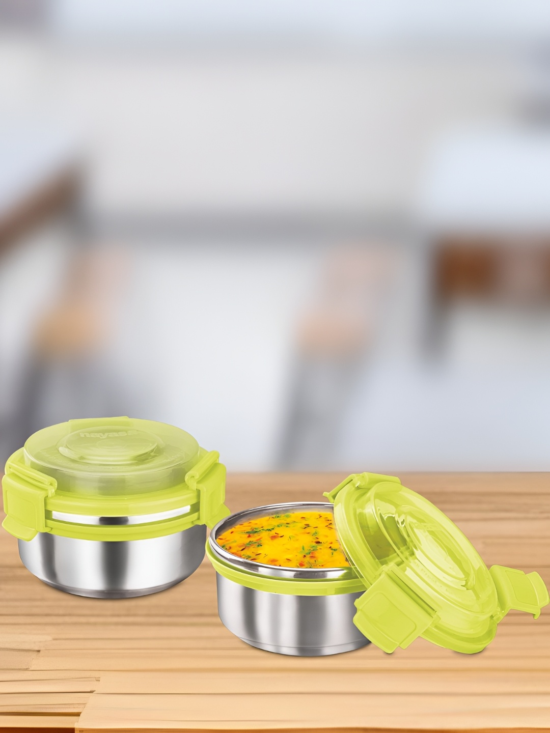 

Nayasa Aqua Set Of 2 Green Stainless Steel Lock Round Lunchbox 300ML Each