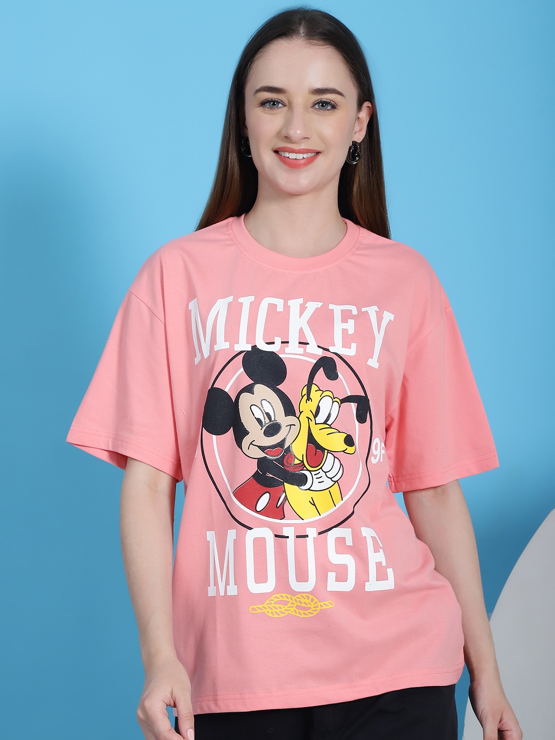 

Dreambe Women Pack Of 2 Mickey Mouse Fusion Graphic Printed Cotton Oversized T-shirts, Pink